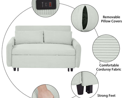 Pull-Out 2 Seat Modern Sleeper Sofa With 2 Throw Pillows And USB Ports