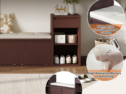 Entryway Storage Bench With Cushion, Drawers & Open Shelves