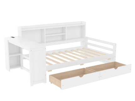 Corner Daybed With Storage Drawers, Desk, Charging Port & Bookcase