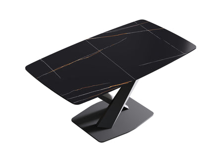 63" Artificial Stone Black Curved Black Metal Leg Dining Table - Black