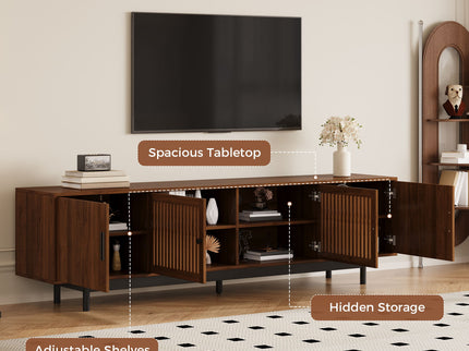 TV Stand, Media Console With Soft Closing Hinges, Adjustable Shelves, Slatted Doors - Walnut