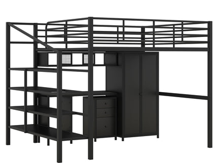 Full Size Loft Bed With Desk Set And Wardrobe - Black