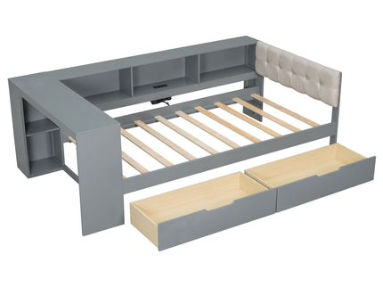 Upholstered Headboard Platform Bed With Storage Shelves, Drawers, Charging Station