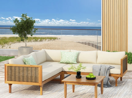 Premium Outdoor Sofa Set With Waterproof Cushions Sectional Seating Group With Acacia Wood And Wicker - Brown Mix / Beige