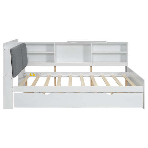 Platform Bed With Trundle, Shelves, And Storage Headboard