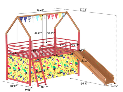 Jack - House Loft Bed With Slide And Curtain Set