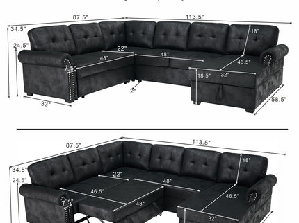 U Shape Sectional Sleeper Sofa With Pull Out Bed And Storage Chaise - Black