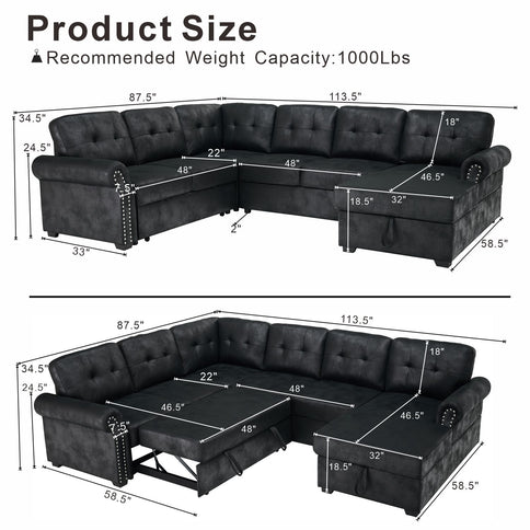U Shape Sectional Sleeper Sofa With Pull Out Bed And Storage Chaise - Black