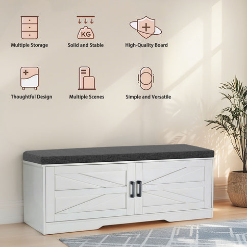 2 Tier Shoe Bench With Padded Seat, 2 Barn Doors And Adjustable Shelves, For Entryway And Living Room - White
