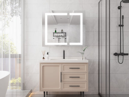 36" X 30" Medicine Cabinet With LED Vanity Mirror, Anti-Fog Recessed Or Surface Mount Bathroom Double Door Large Storage 3000K~6000K Bright Lighted Aluminum Storage Cabinet With Touch Switch - Silver