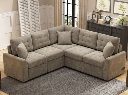 L-Shape Sofa Bed Pull-Out Sleeper Sofa With Wheels, USB Ports, Power Sockets For Living Room