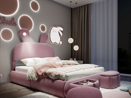 Full Upholstered Platform Bed With Cartoon Ears Headboard And LED Light - Pink