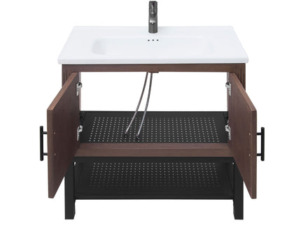 Modern Freestanding Bathroom Vanity With Ceramic Sink, Hot And Cold Faucet, Storage Cabinet & Open Shelf