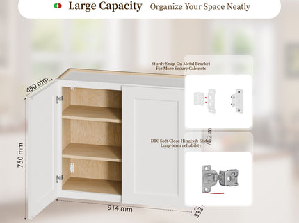 Shaker Wall Cabinet With Soft Close Hinges, Adjustable Shelves, Double Door