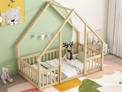 Wood House-Shaped Floor Bed With Fence, Guardrails