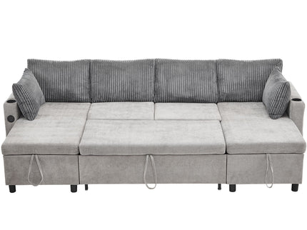 Sectional Sofa Bed With Pull Out Sleeper, USB Ports, Cup Holders