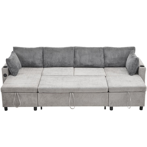 Sectional Sofa Bed With Pull Out Sleeper, USB Ports, Cup Holders