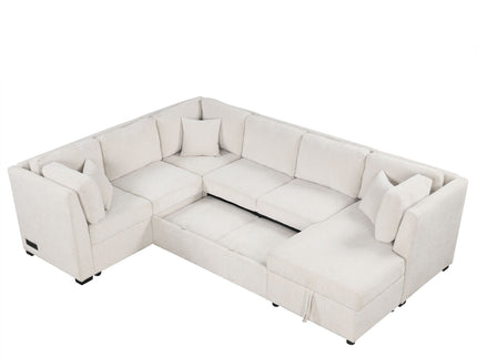 U-Shaped Sectional Sofa Pull Out Sofa Bed With Two USB Ports, Two Power Sockets, Three Back Pillows And A Storage Chaise For Living Room