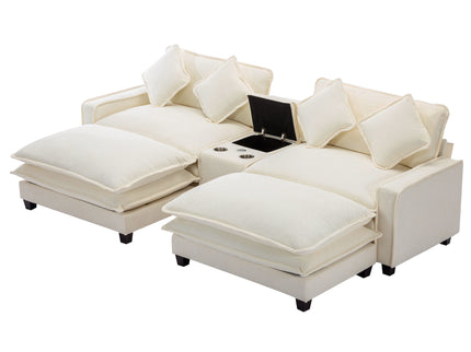 Sectional Sofa Upholstered Sofa With Two Removable Ottoman, Two USB Ports, Two Cup Holders And Large Storage Box For Living Room