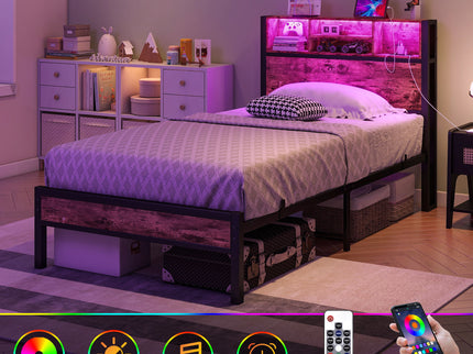 Modern Twin Size Metal Platform Bed Frame With Storage Headboard And Charging Station - Brown