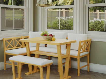 Farmhouse Solid Wood Dining Nook Set For 6, Space Saving High Top Corner Table With Bench & Chairs - Natural / White