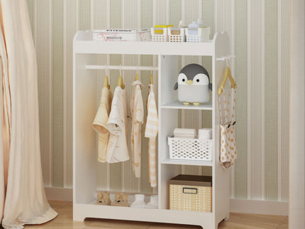 Dress Up Storage With Mirror And Hooks, Clothes Rack With Hanging Rod, 3 Side Hooks, Open Shelves, Top Shelf Organizer - White