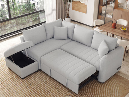L-Shaped Sectional Pull Out Sofa Bed Sleeper Sofa With Two USB Ports, Two Power Sockets And A Movable Storage Ottoman