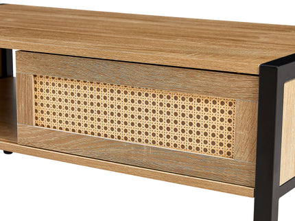 40.16" Rattan Coffee Table, Sliding Door For Storage, Metal Legs, Modern Table For Living Room