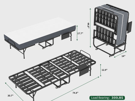 Twin Folding Bed With Memory Foam Mattress, On Wheels, Portable Bed For Adults & Guests - Black