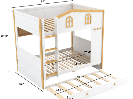Full Over Full Bunk Bed With Storage Shelves And Trundle - White / Natural