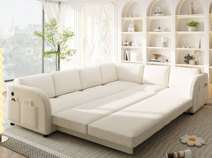 L-Shaped Couch With Pull-Out Bed, Convertible Sleeper Sofa With Side Pocket & USB Port