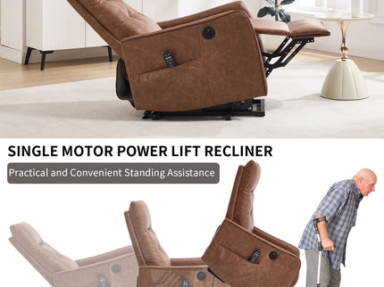Single Motor Power Lift Recliner Chair With Massage And Heat, USB For Charging - Brown