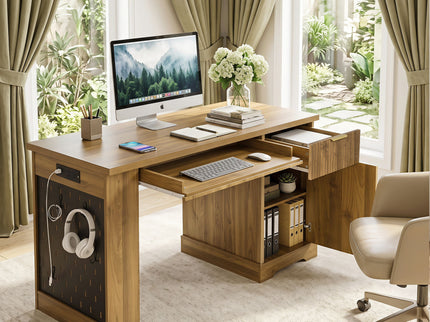 Modern Fluted Office Desk With Storage Cabinet