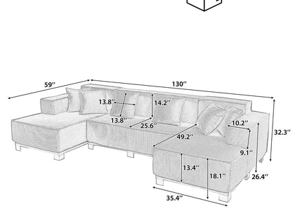 U-Shaped Sectional Sofa With RGB LED Light Strip And 6 Pillows