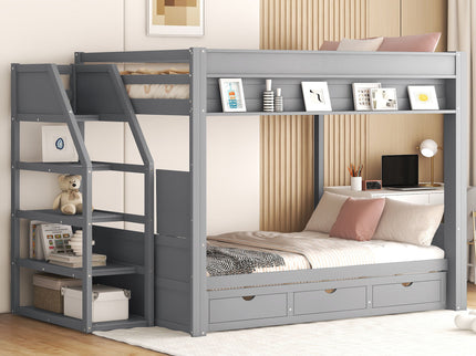 Wood Full Size Convertible Bunk Bed With Storage Staircase, Bedside Table, And 3 Drawers - Gray