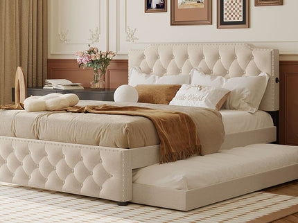 Upholstered Platform Bed With Trundle And 2 Sets Of USB Ports On Each Side, Fabric