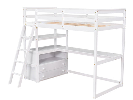 Modern Loft Bed With Built In Desk, Shelves, And 2 Drawers
