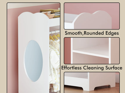 Dress Up Storage With Mirror And Hooks, Clothes Rack With Hanging Rod, 3 Side Hooks, Open Shelves, Top Shelf Organizer - White