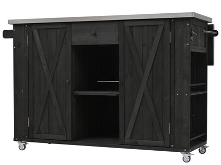 Outdoor Kitchen Island With Stainless Steel Top, Ample Storage Space, Towel And Spice Racks And A Bottle Opener