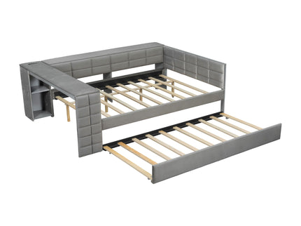 Upholstered Platform Bed With Storage Shelves, Desk, Charging Station And Trundle