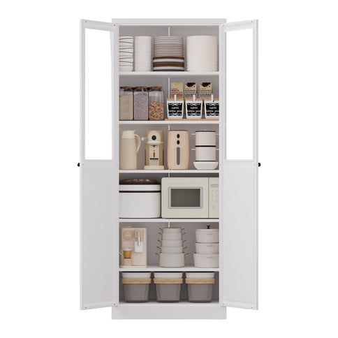 Tall Metal Kitchen Pantry Cabinet With Adjustable Shelves And Silent Magnetic Doors - White