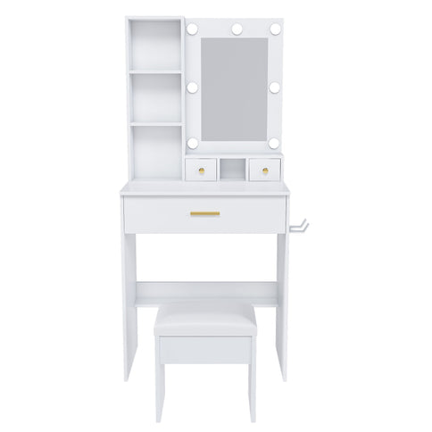 Vanity Table With Mirror, Adjustable LED Lights, Power Outlet, Hairdryer Holder & Stool