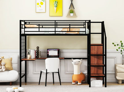 Loft Bed With Desk And Grid, Stylish Frame With Lateral Storage Ladder And Wardrobe