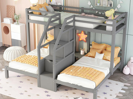 Twin Over Twin & Twin Bunk Bed With Built In Staircase And Storage Drawer - Gray