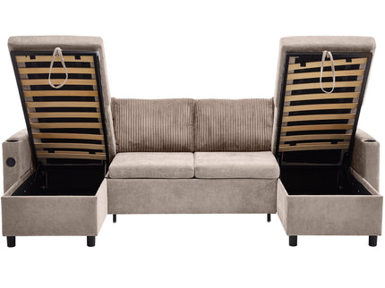 Sectional Sofa Bed With Pull Out Sleeper, USB Ports, Cup Holders