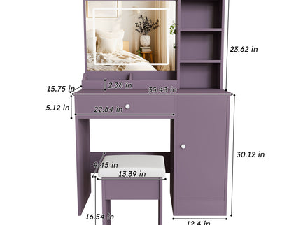 Vanity Desk Set With Padded Stool & Adjustable LED Mirror, 3 Color Mode Lighting, Compact For Bedroom - Purple