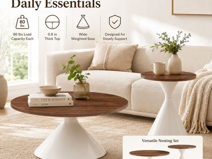 2 Piece Round Coffee Table Set - Walnut / White