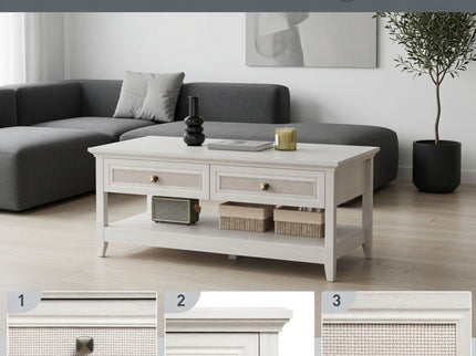 Coffee Table With Drawers & Storage Shelf - White