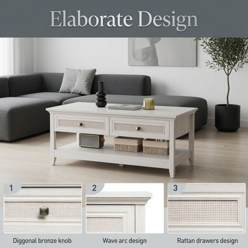 Coffee Table With Drawers & Storage Shelf - White