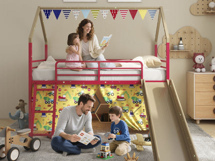 Jack - House Loft Bed With Slide And Curtain Set